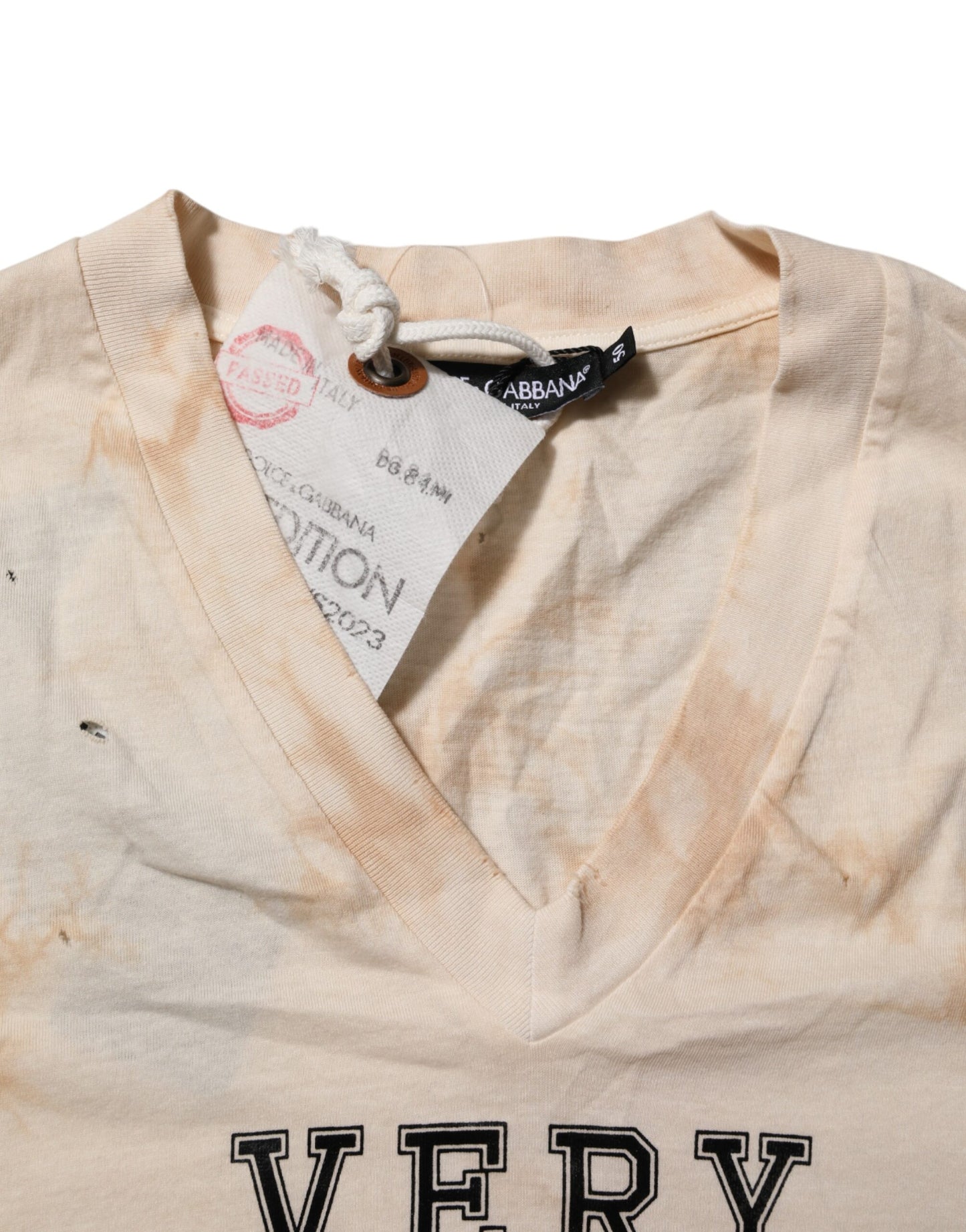 Beige Logo Print Short Sleeve V-neck T-shirt-Dolce & Gabbana-LabelTerrace.com