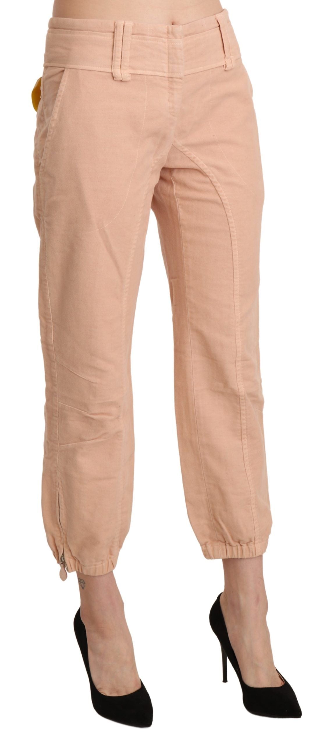 Beige Mid Waist Cropped Cotton Trouser Pants-Ermanno Scervino-LabelTerrace.com