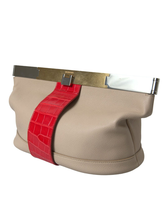Beige Red Two Tone Exotic Leather Pouch Bag-Balenciaga-LabelTerrace.com