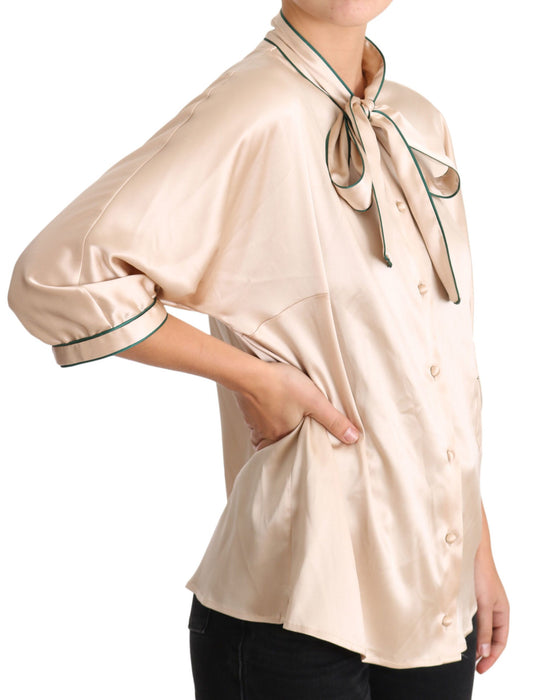 Beige Ribbon Silk Stretch Top Blouse-Dolce & Gabbana-LabelTerrace.com