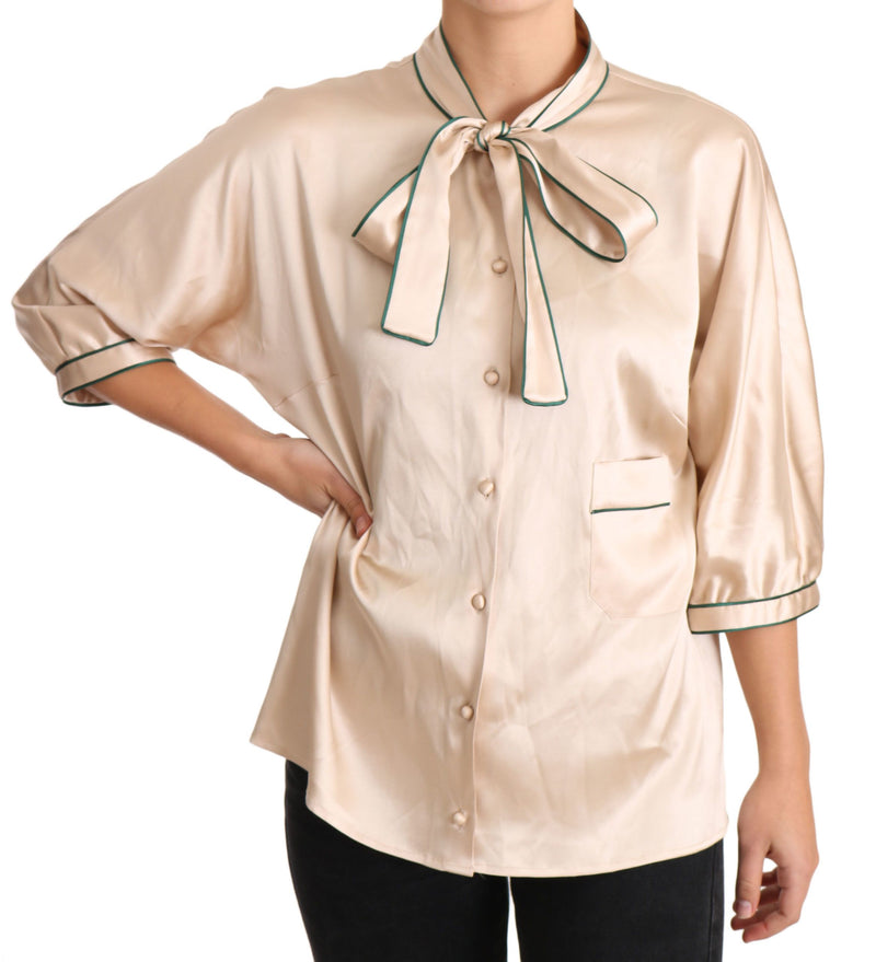 Beige Ribbon Silk Stretch Top Blouse-Dolce & Gabbana-LabelTerrace.com