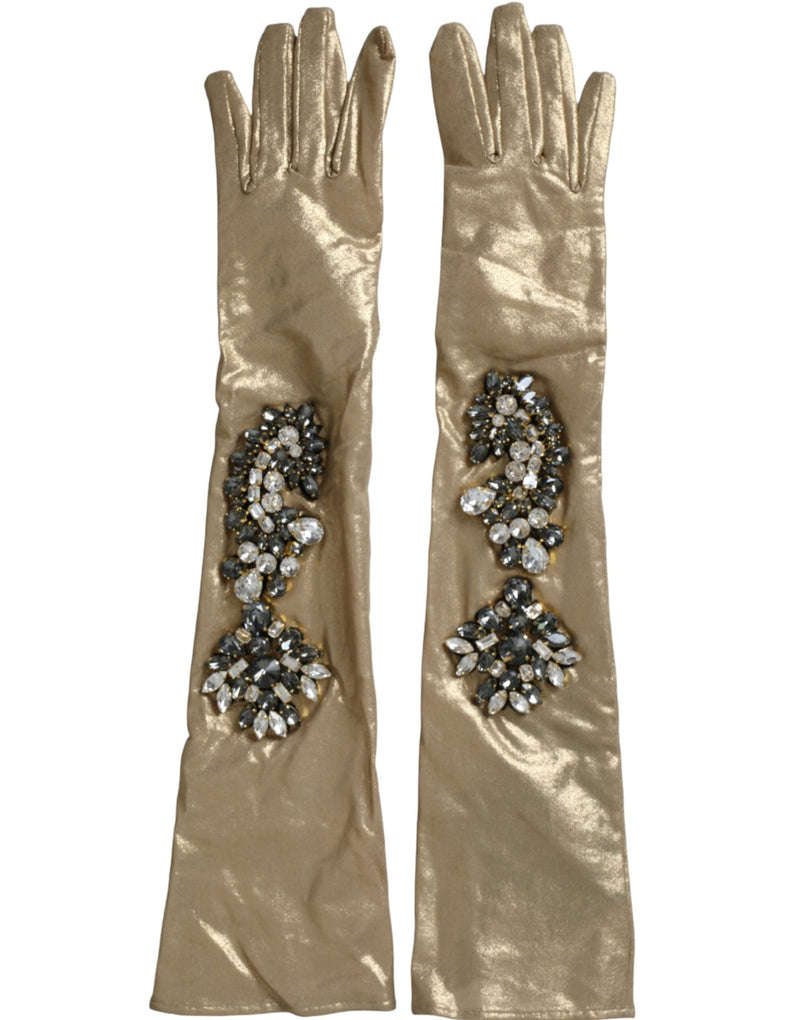 Beige Satin Crystal Elbow Length Gloves-Dolce & Gabbana-LabelTerrace.com