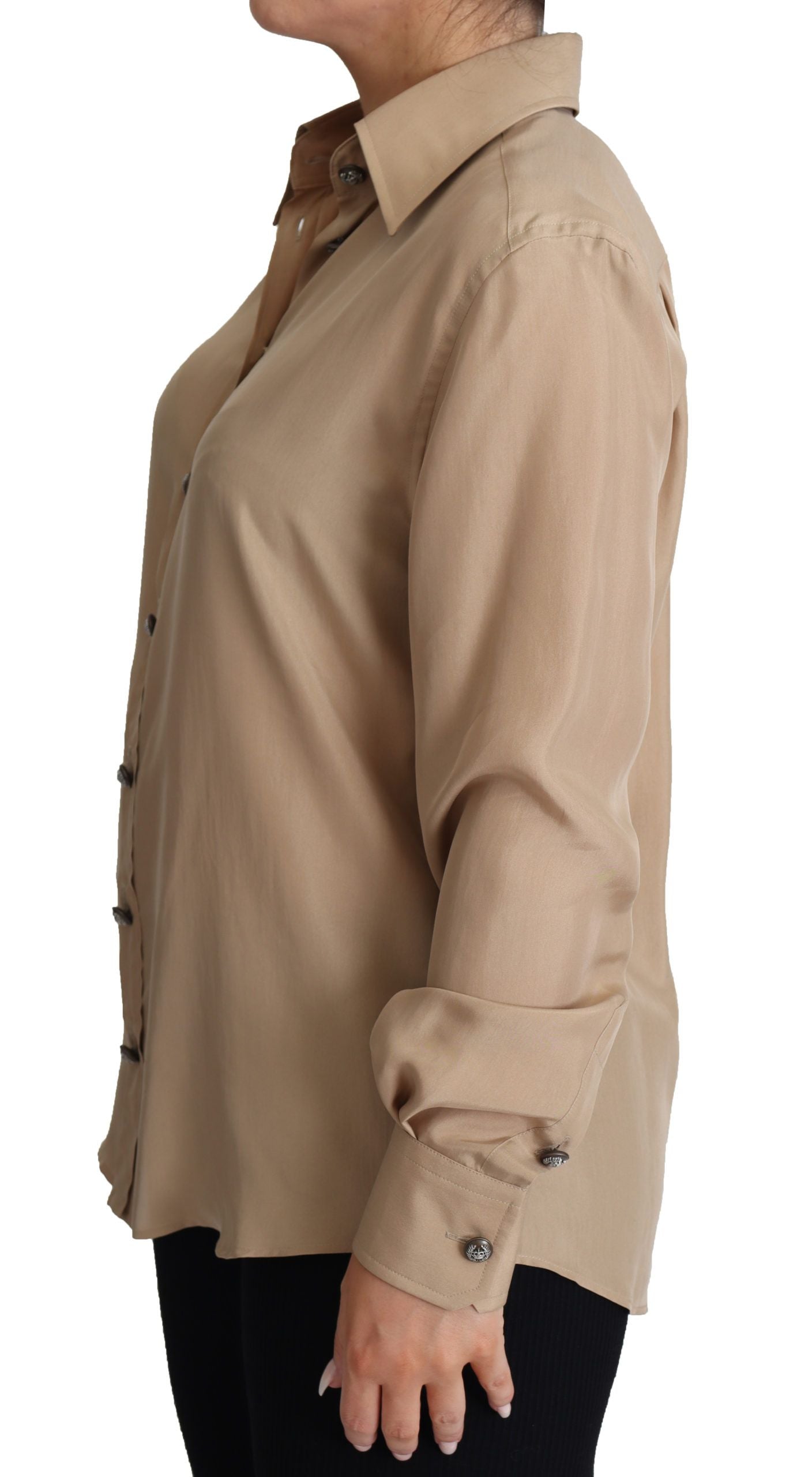 Beige Silk Shirt Decorative Buttons Top-Dolce & Gabbana-LabelTerrace.com