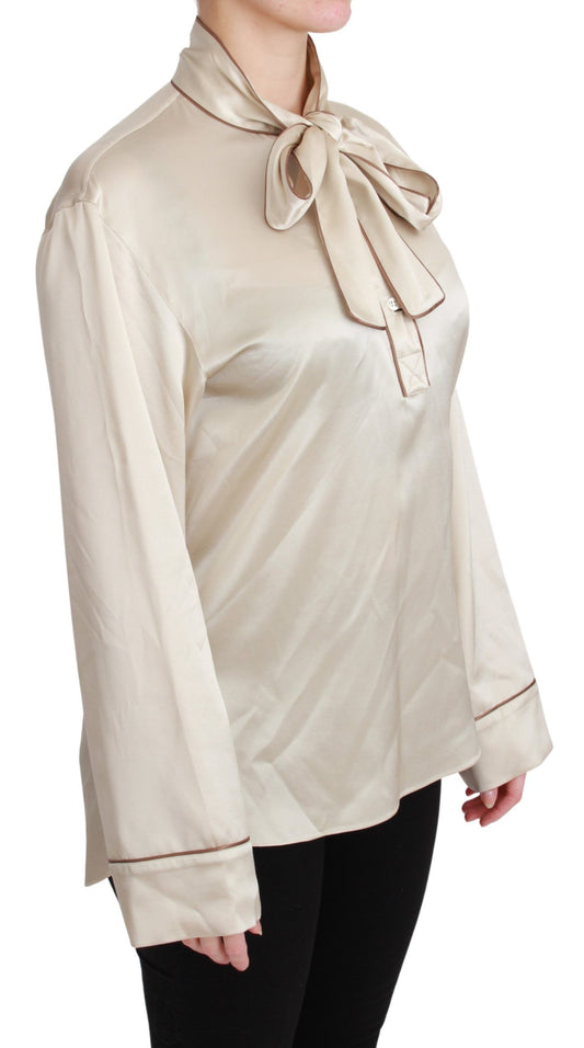 Beige Sleeve Top Queen Silk Satin Blouse-Dolce & Gabbana-LabelTerrace.com