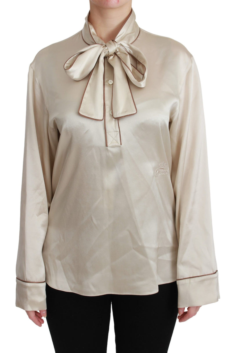 Beige Sleeve Top Queen Silk Satin Blouse-Dolce & Gabbana-LabelTerrace.com