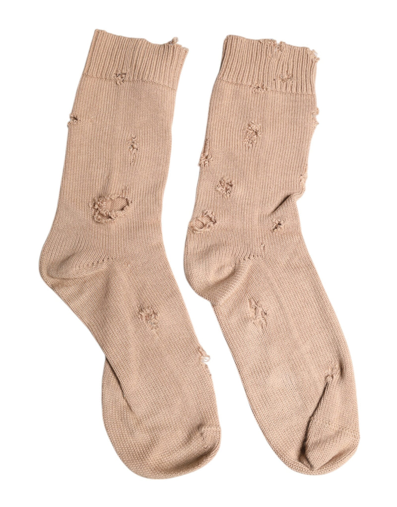 Beige Solid Stretch Mid Calf Men Socks-Dolce & Gabbana-LabelTerrace.com
