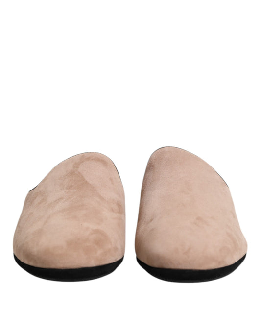 Beige Suede Leather Slides Flat Slipper Shoes-Dolce & Gabbana-LabelTerrace.com