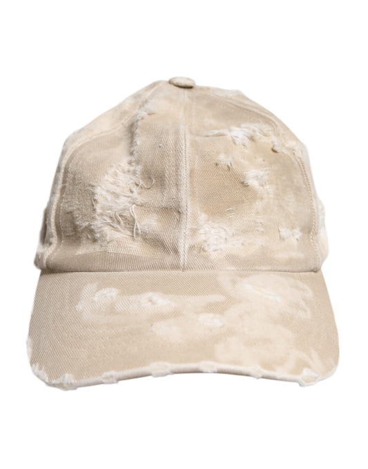 Beige Tattered Cotton 6 Panels Baseball Cap-Dolce & Gabbana-LabelTerrace.com