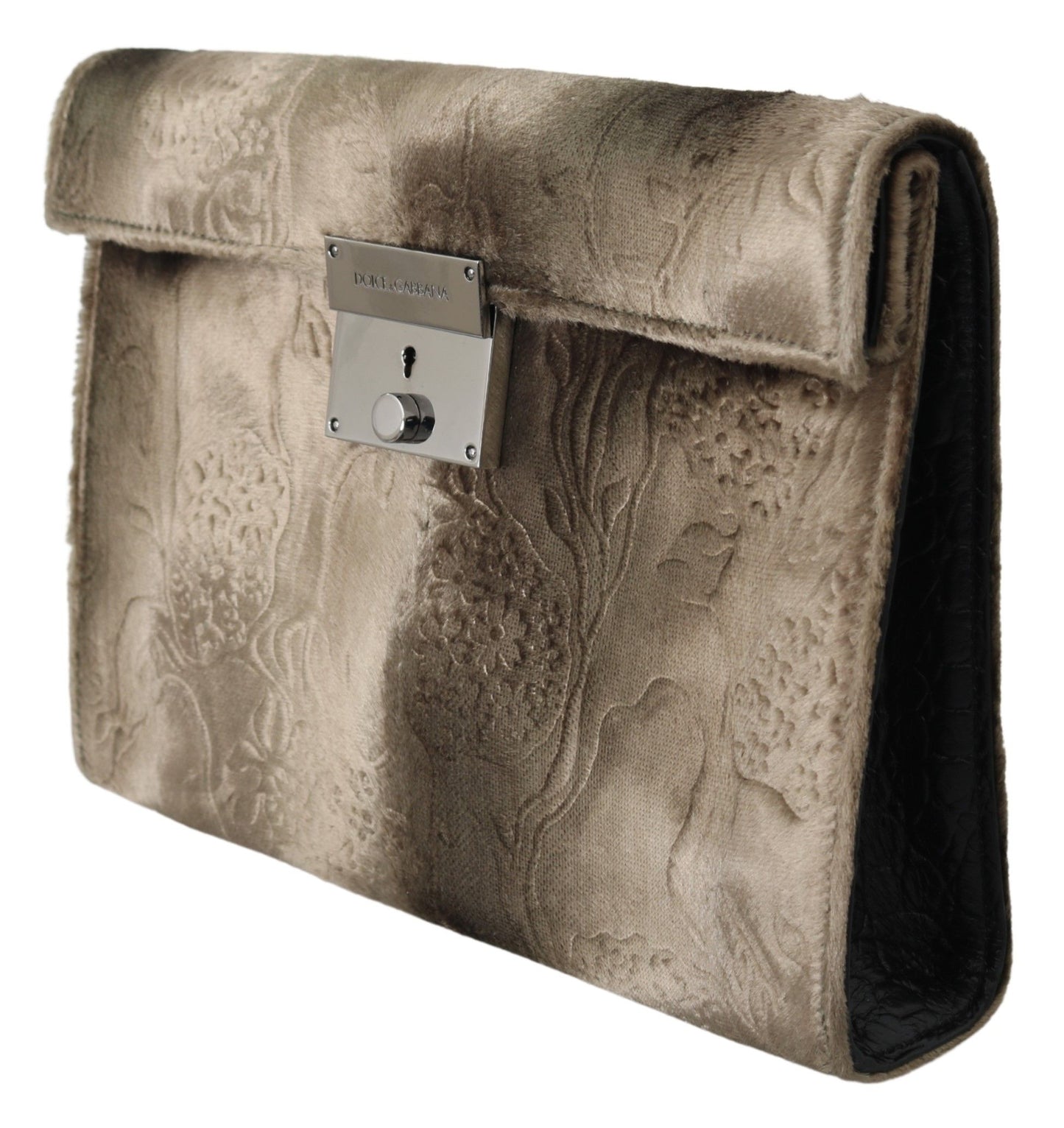 Beige Velvet Floral Leather Men Document Briefcase-Dolce & Gabbana-LabelTerrace.com