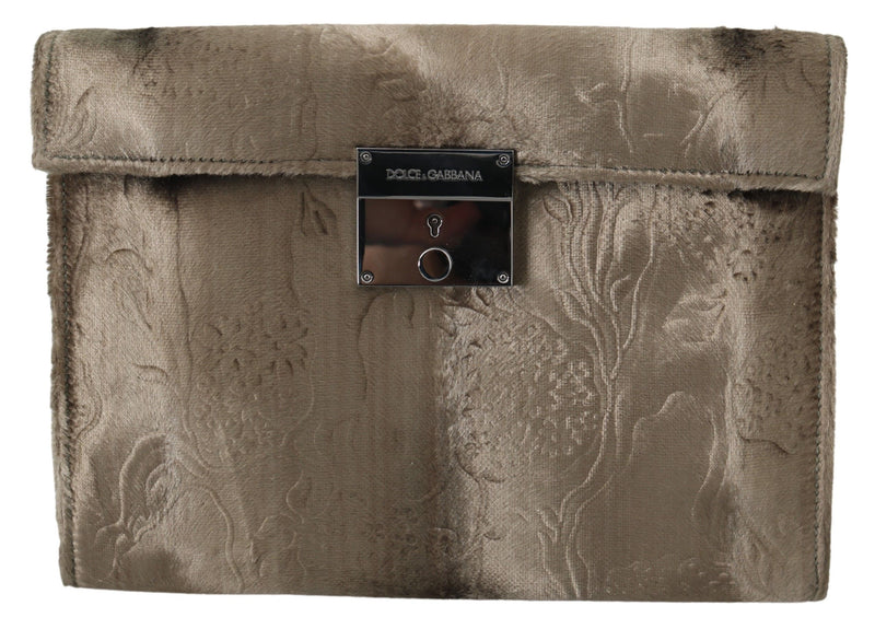 Beige Velvet Floral Leather Men Document Briefcase-Dolce & Gabbana-LabelTerrace.com