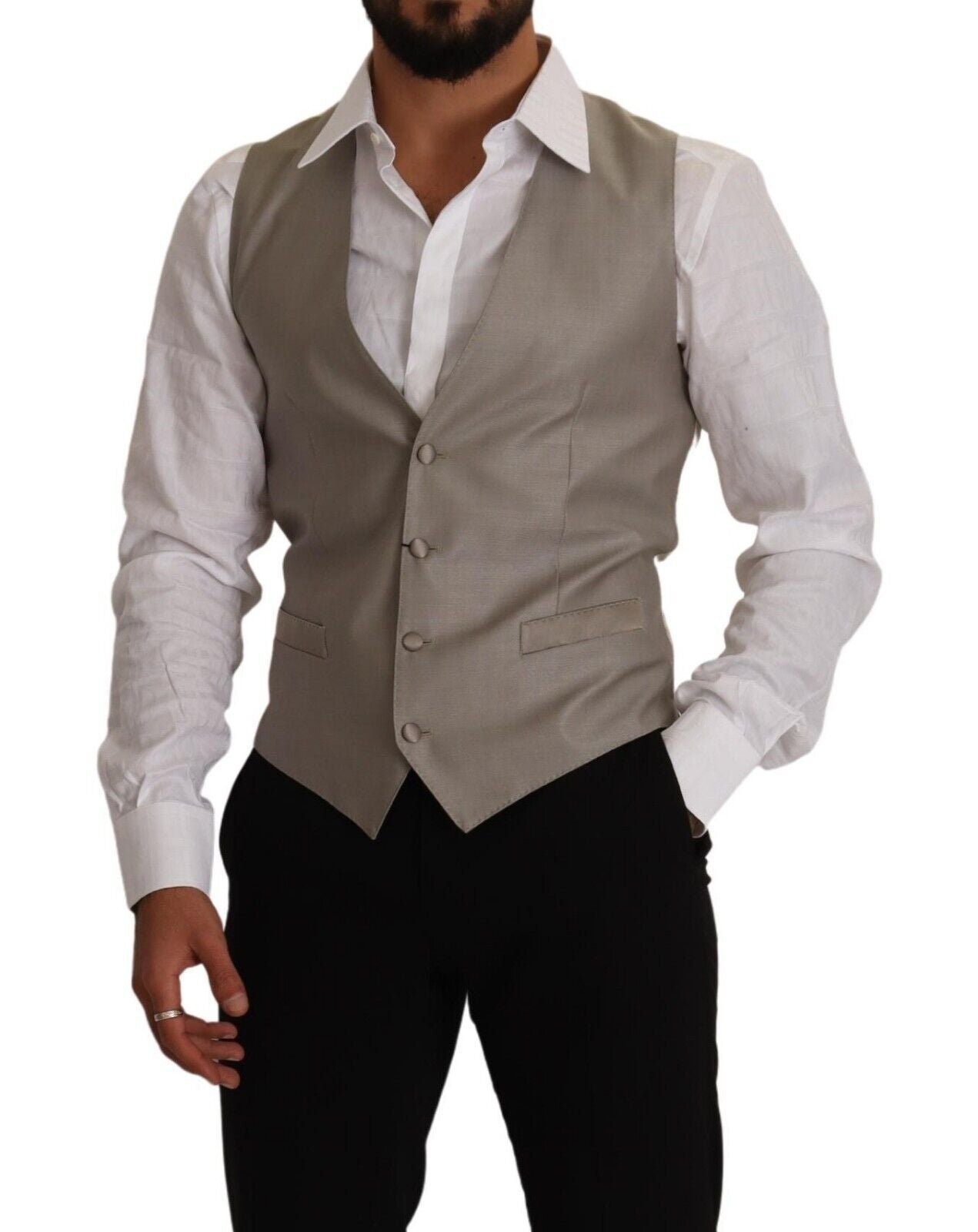 Beige Wool Single Breasted Waistcoat Vest-Dolce & Gabbana-LabelTerrace.com