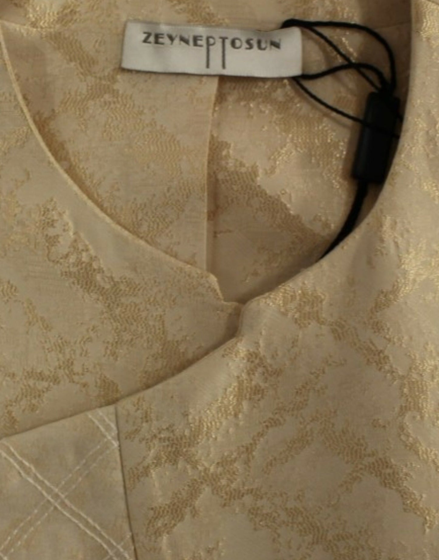 Beige brocade sleeveless jacket-Zeyneptosun-LabelTerrace.com