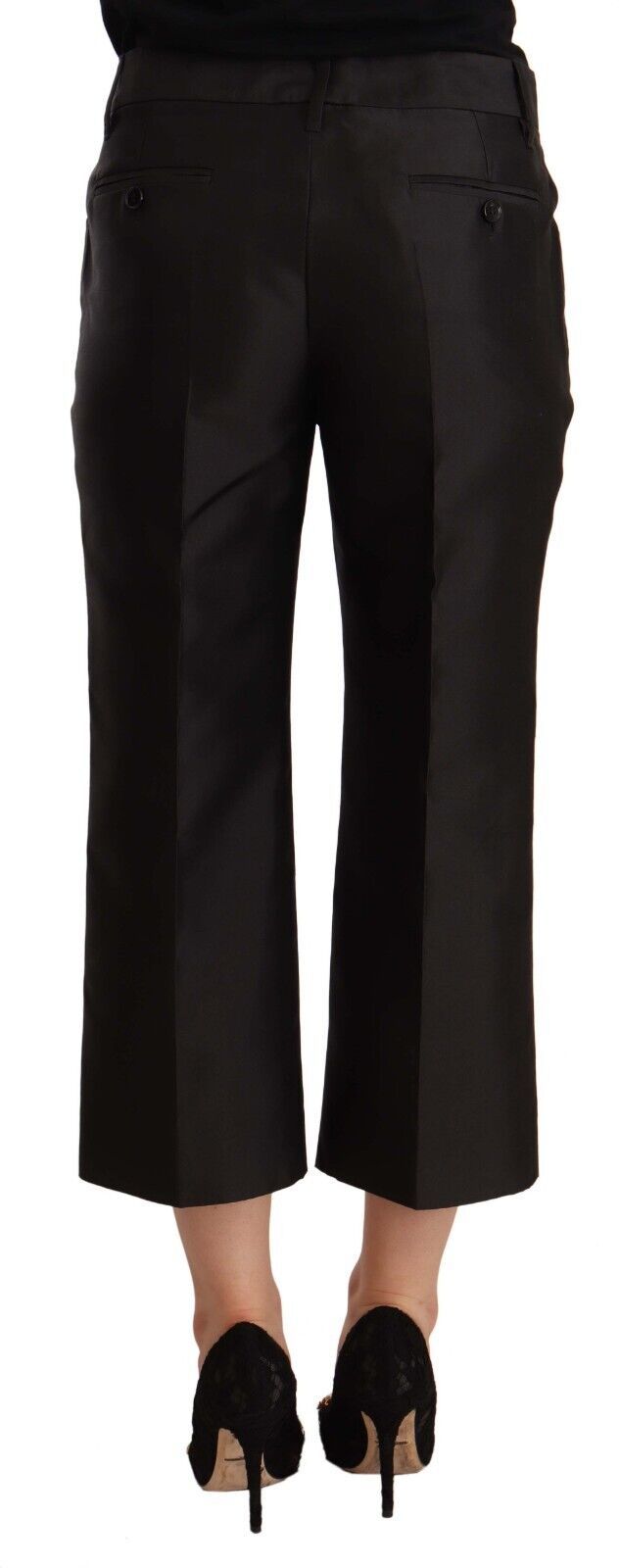 Black 100% Silk Flared Cropped Pants-Dolce & Gabbana-LabelTerrace.com