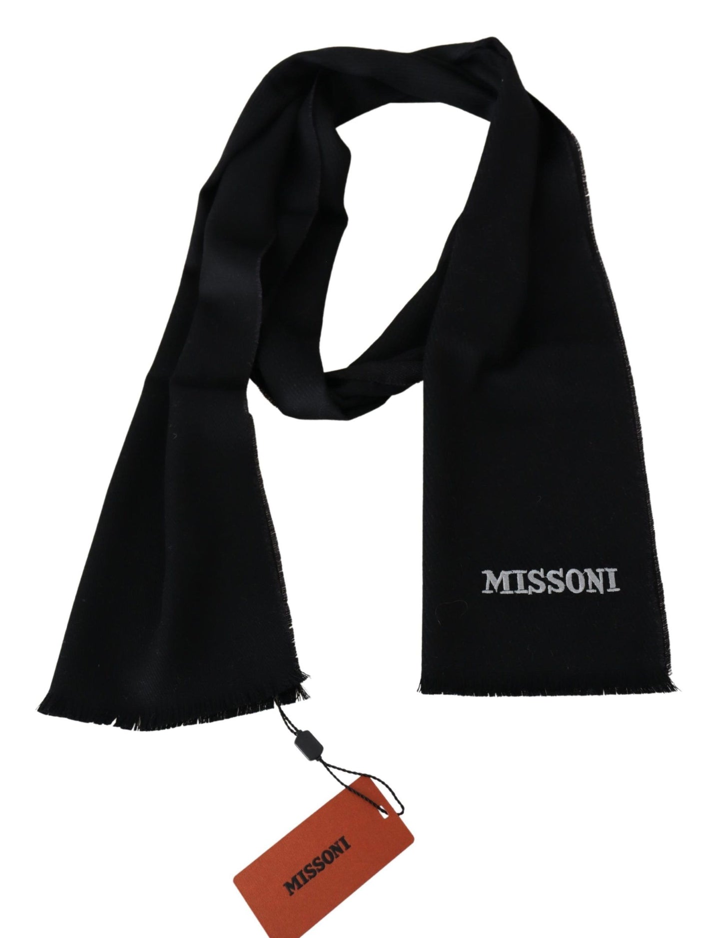 Black 100% Wool Unisex Neck Wrap Fringes Logo Scarf-Missoni-LabelTerrace.com