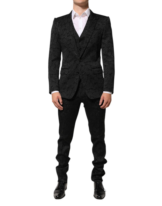 Black 3 Piece Brocade Jacquard Suit MARTINI-Dolce & Gabbana-LabelTerrace.com