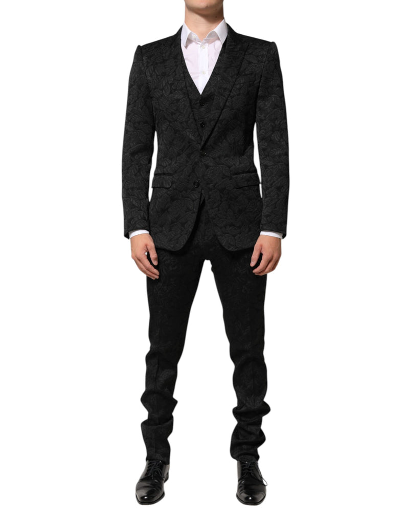 Black 3 Piece Brocade Jacquard Suit MARTINI-Dolce & Gabbana-LabelTerrace.com
