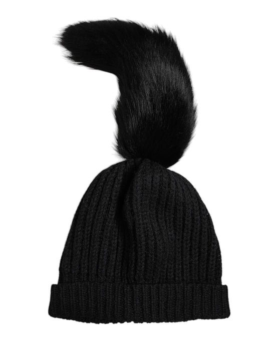 Black Acrylic Knitted Fur Winter Beanie Hat-Dolce & Gabbana-LabelTerrace.com