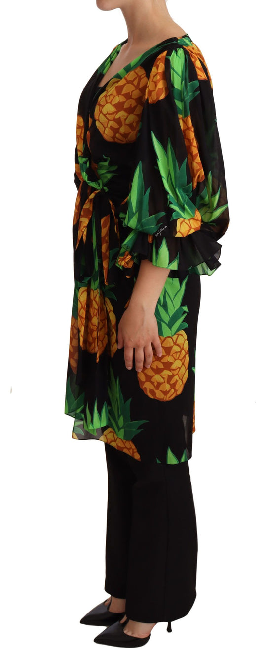 Black Ananas Print Wrap Stretch Silk Dress-Dolce & Gabbana-LabelTerrace.com