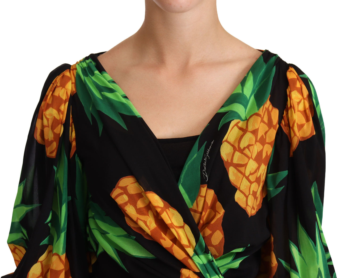 Black Ananas Print Wrap Stretch Silk Dress-Dolce & Gabbana-LabelTerrace.com