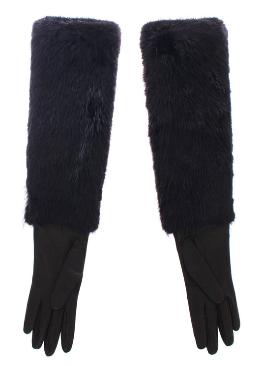 Black Beaver Fur Lambskin Leather Elbow Gloves-Dolce & Gabbana-LabelTerrace.com