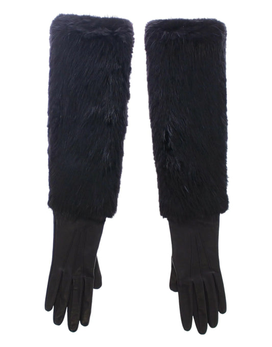 Black Beaver Fur Lambskin Leather Elbow Gloves-Dolce & Gabbana-LabelTerrace.com