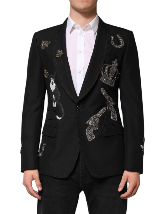 Black Bee Crown Embellished Suit Coat Blazer-Dolce & Gabbana-LabelTerrace.com