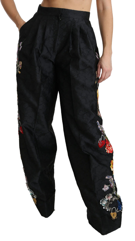 Black Brocade Floral Sequined Beaded Pants-Dolce & Gabbana-LabelTerrace.com