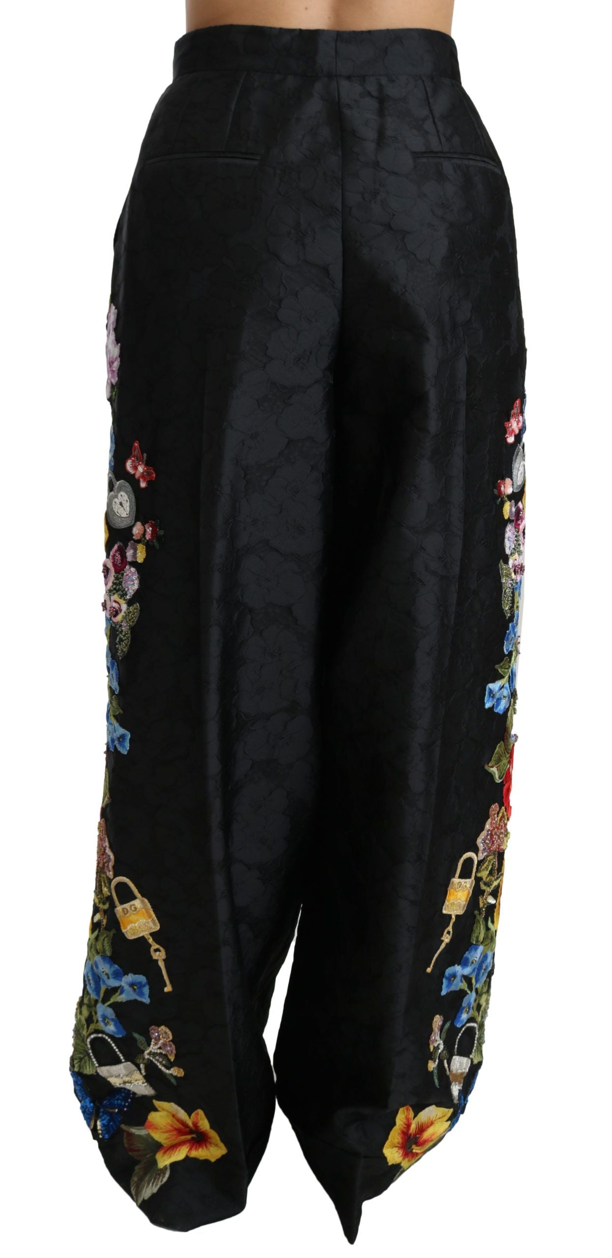 Black Brocade Floral Sequined Beaded Pants-Dolce & Gabbana-LabelTerrace.com