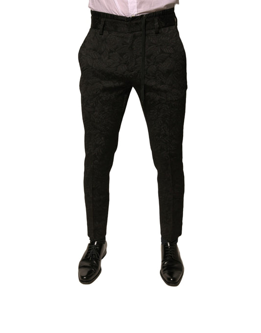 Black Brocade Polyester Skinny Men Dress Pants-Dolce & Gabbana-LabelTerrace.com