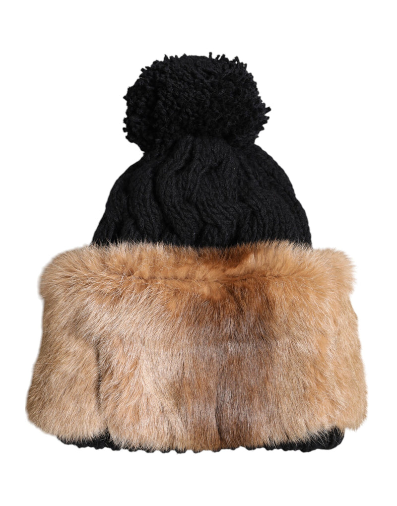 Black Brown Dyed Rabbit Real Fur Winter Beanie Hat-Dolce & Gabbana-LabelTerrace.com