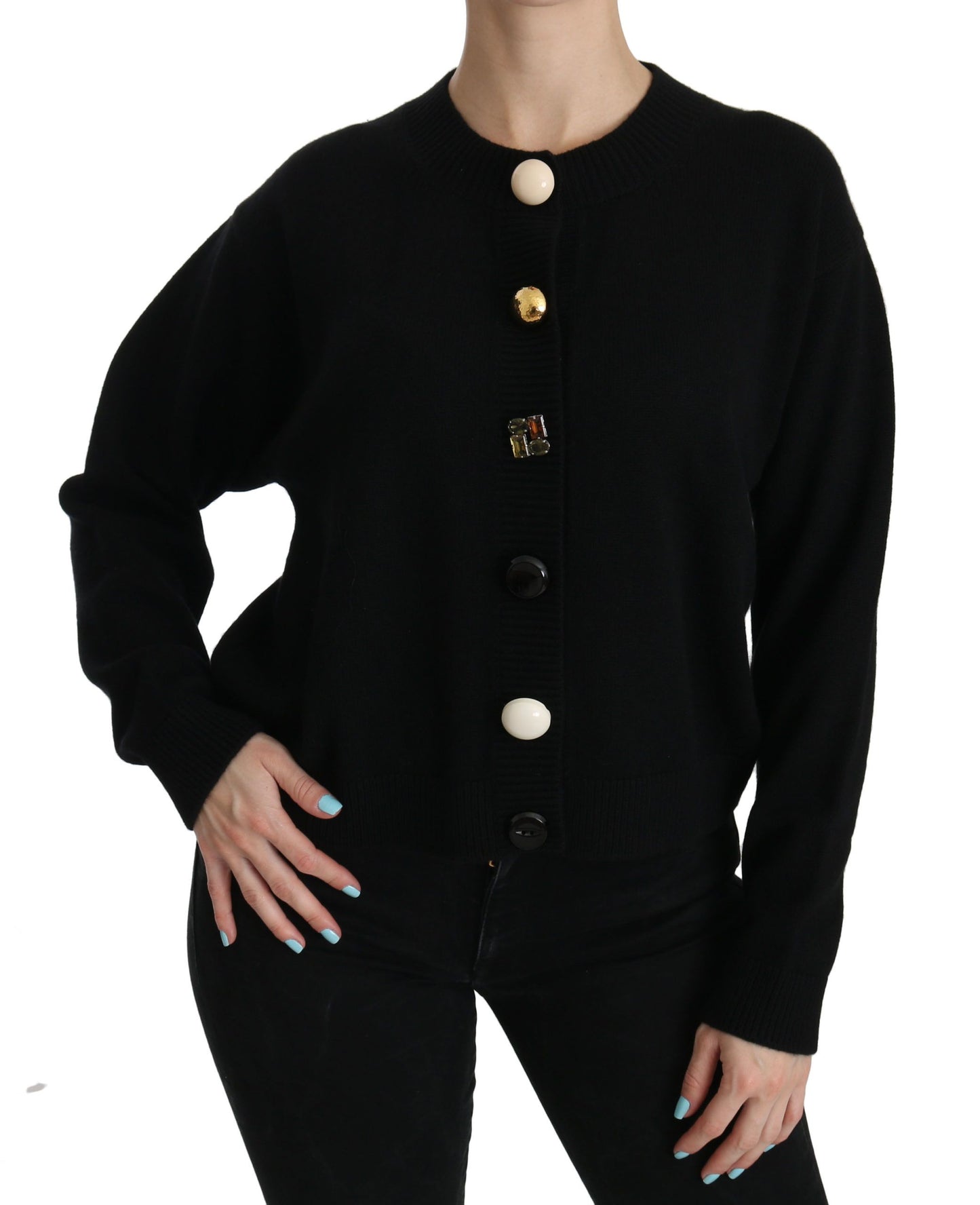 Black Button Embellished Cardigan Sweater-Dolce & Gabbana-LabelTerrace.com