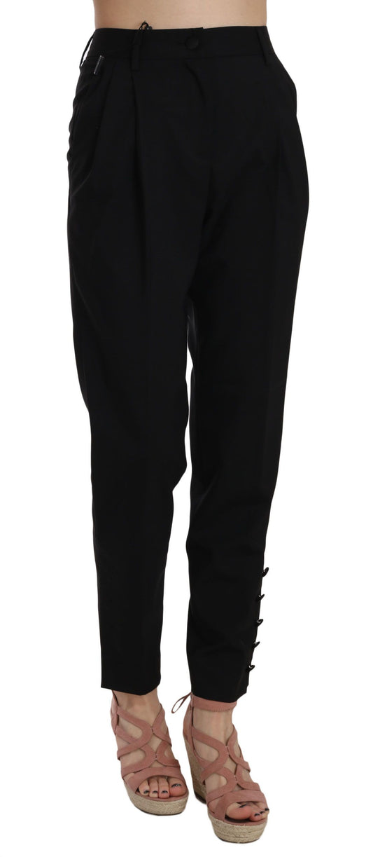 Black Button Pleated Tapered Trouser Pants-Dolce & Gabbana-LabelTerrace.com