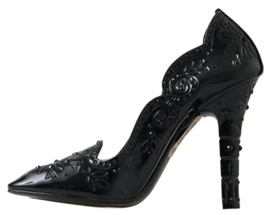 Black CINDERELLA Floral Crystal Heels Shoes-Dolce & Gabbana-LabelTerrace.com