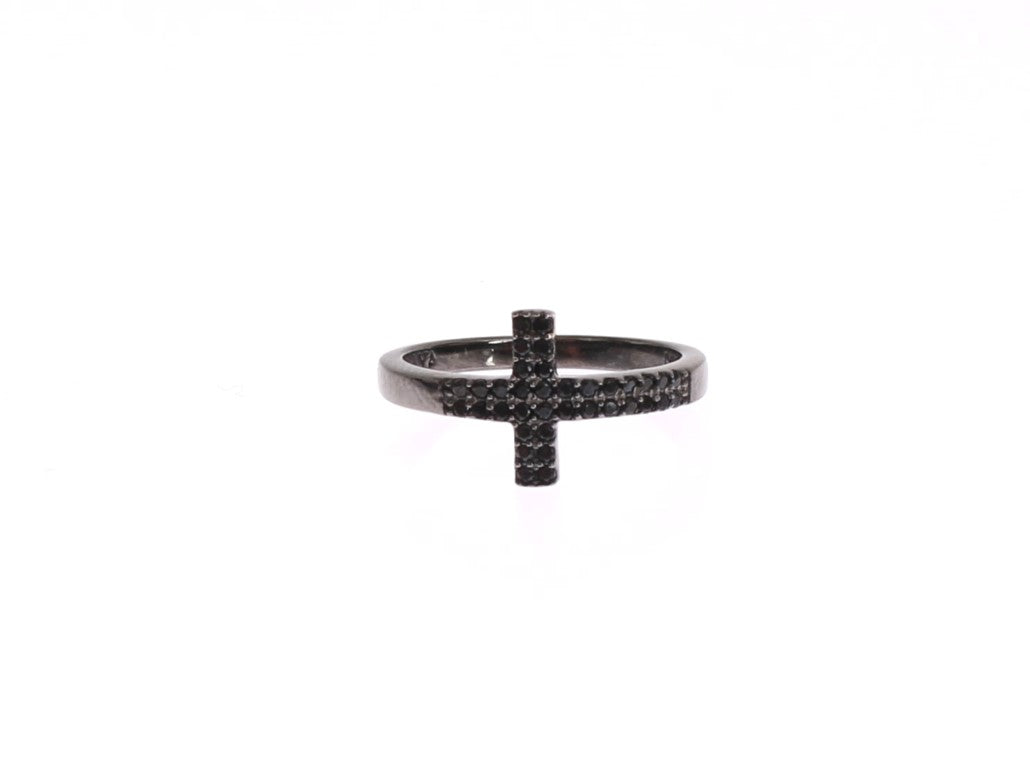 Black CZ Cross Rhodium 925 Ring-Nialaya-LabelTerrace.com