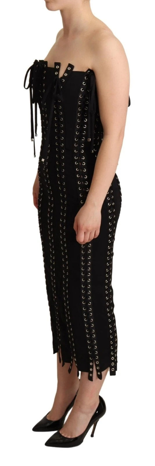 Black Cady Sleeveless Lace Up Bodycon Dress-Dolce & Gabbana-LabelTerrace.com