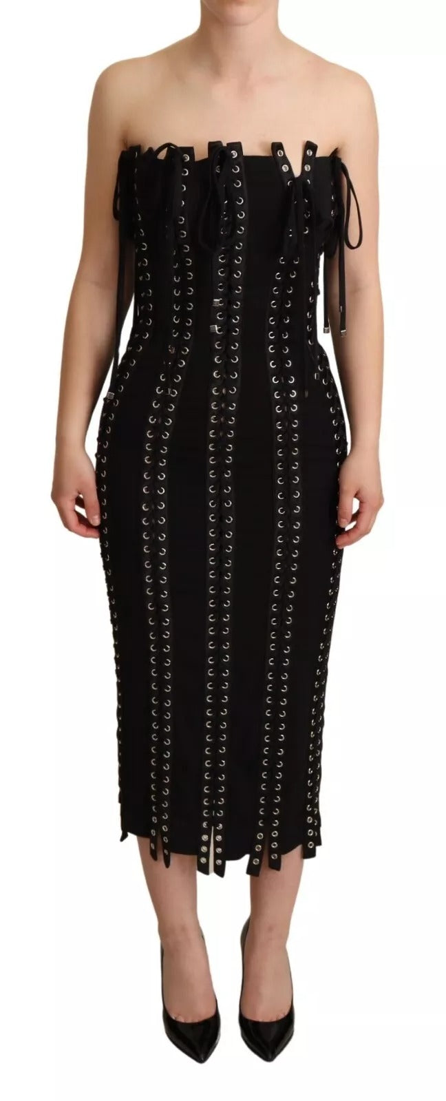 Black Cady Sleeveless Lace Up Bodycon Dress-Dolce & Gabbana-LabelTerrace.com