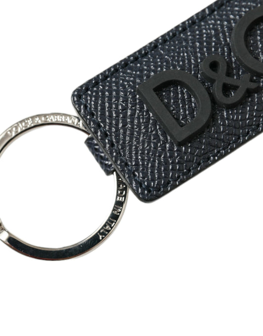 Black Calf Leather DG Logo Silver Brass Keyring Keychain-Dolce & Gabbana-LabelTerrace.com