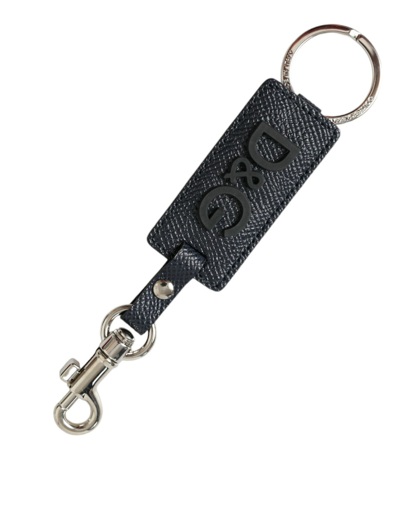 Black Calf Leather DG Logo Silver Brass Keyring Keychain-Dolce & Gabbana-LabelTerrace.com