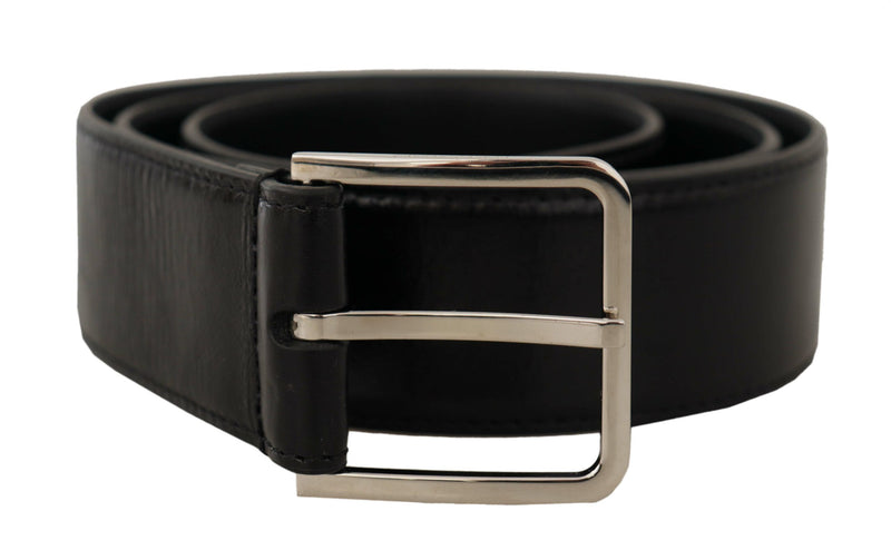 Black Calf Leather Logo Engraved Metal Buckle Belt-Dolce & Gabbana-LabelTerrace.com