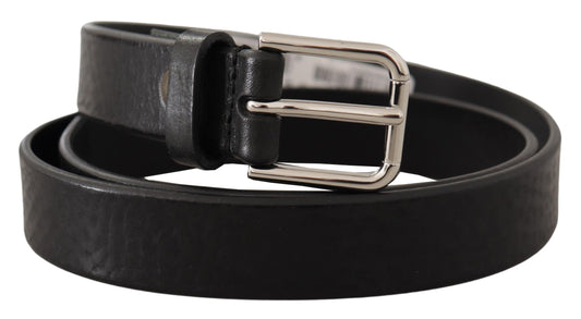 Black Calf Leather Silver Tone Logo Metal Buckle Belt-Dolce & Gabbana-LabelTerrace.com