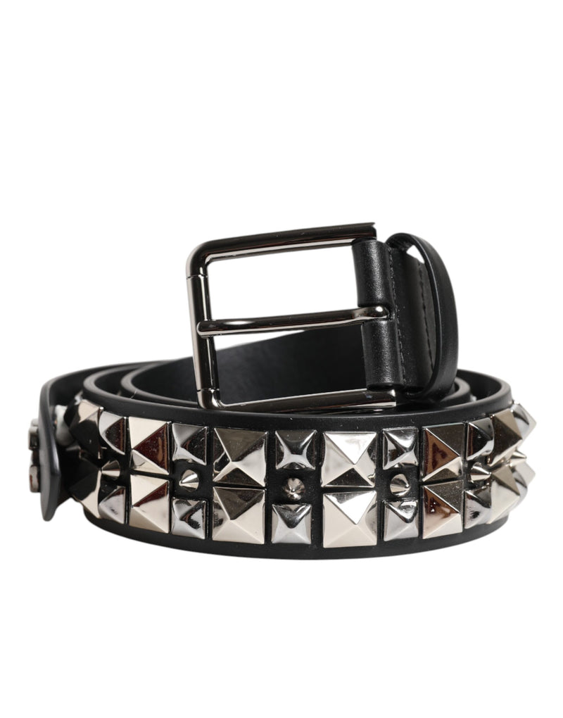Black Calf Leather Studded Silver Buckle Belt-Dolce & Gabbana-LabelTerrace.com