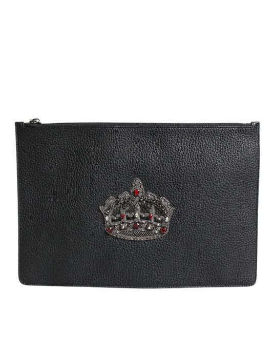 Black Calfskin Crown Embellished Clutch Pouch Bag-Dolce & Gabbana-LabelTerrace.com