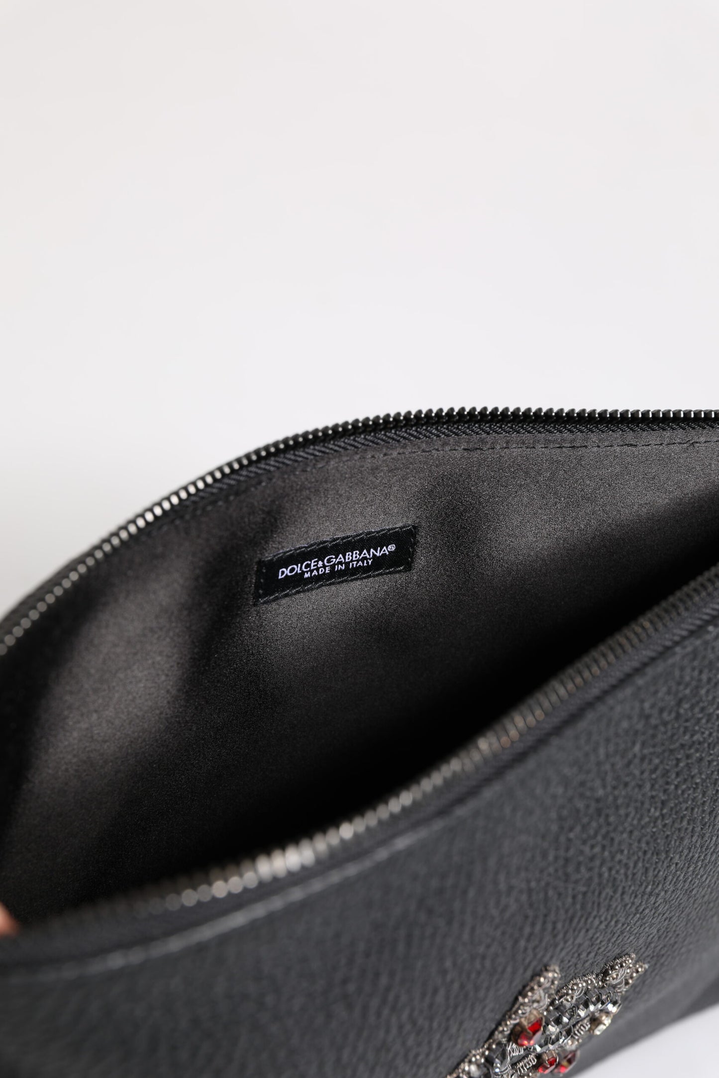 Black Calfskin Crown Embellished Clutch Pouch Bag-Dolce & Gabbana-LabelTerrace.com