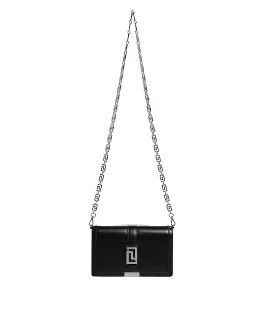 Black Calfskin Leather Chain Strap Shoulder Crossbody Bag-Versace-LabelTerrace.com