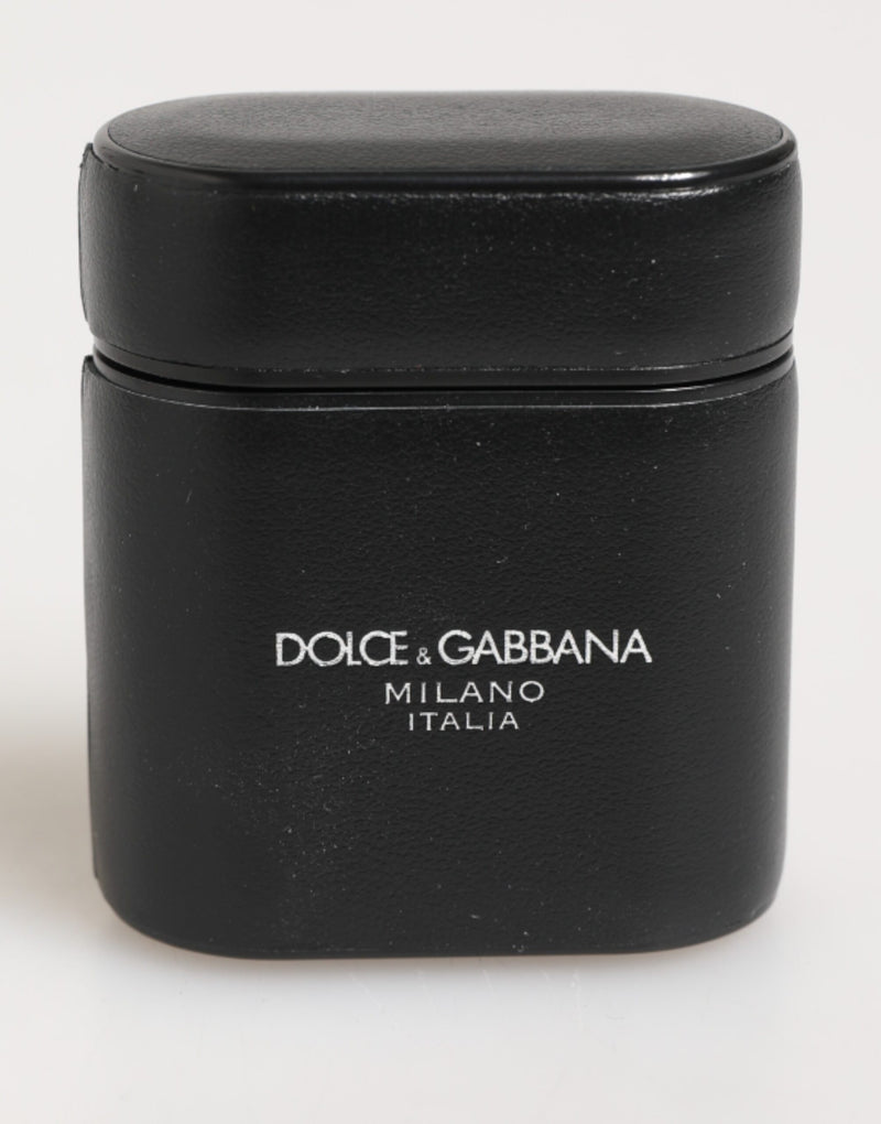 Black Calfskin Leather Logo Print Flip Holder Airpods Case-Dolce & Gabbana-LabelTerrace.com