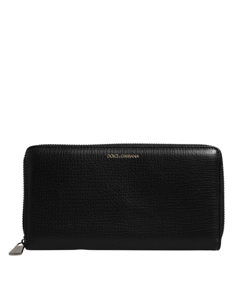 Black Calfskin Leather Logo Zip Around Continental Wallet-Dolce & Gabbana-LabelTerrace.com