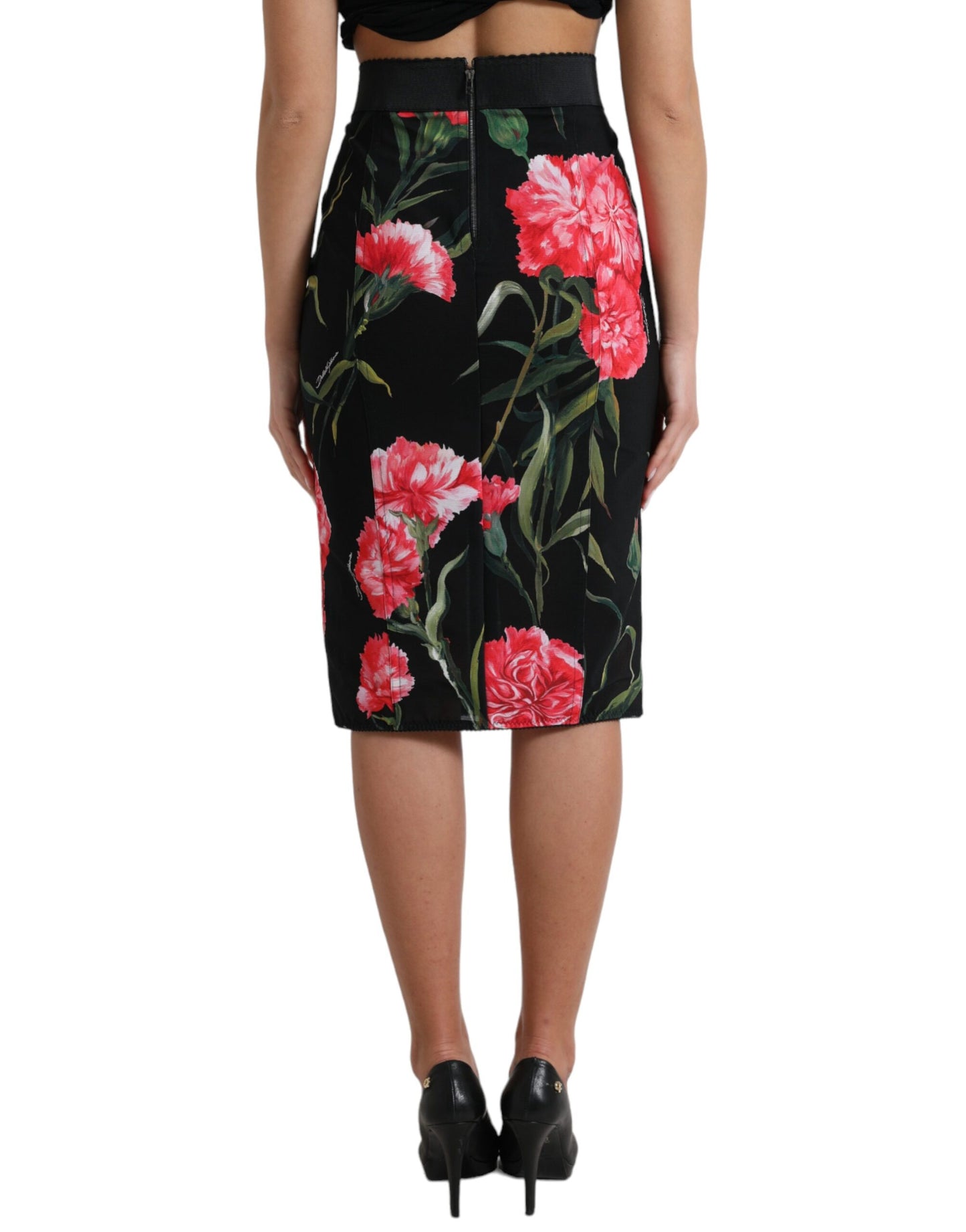 Black Carnation Pencil Cut Knee Length Skirt-Dolce & Gabbana-LabelTerrace.com