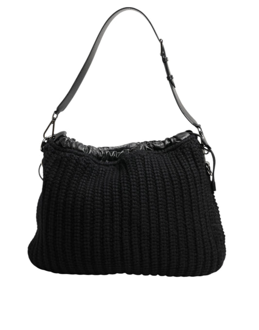 Black Cashmere Knitted Leather Shoulder Women Borse Bag-Dolce & Gabbana-LabelTerrace.com