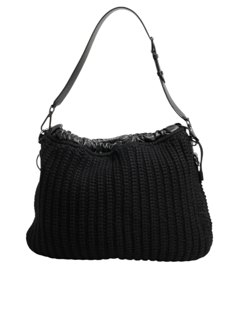 Black Cashmere Knitted Leather Shoulder Women Borse Bag-Dolce & Gabbana-LabelTerrace.com