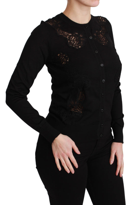Black Cashmere Lace Cardigan Sweater-Dolce & Gabbana-LabelTerrace.com